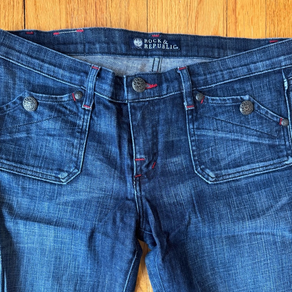 Rock & Republic Y2K Dark Blue Low Rise Flare Premium Denim Size 30 - Picture 2 of 6